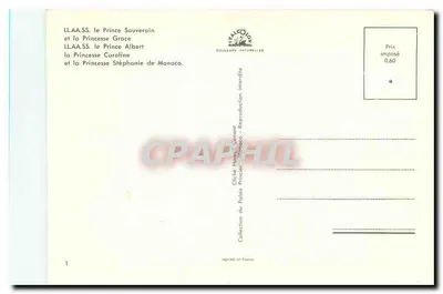 A família do Príncipe Soberano de Mônaco — Príncipe Albert, Princesa Grace, Princesa Caroline, Princesa Stéphanie — Cliché do Palácio Real — Verso