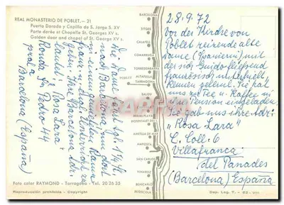Złota brama i kaplica Świętego Jerzego XV — Królewski klasztor w Poblet — Wydawca Raymond, Tarragone — Rewers