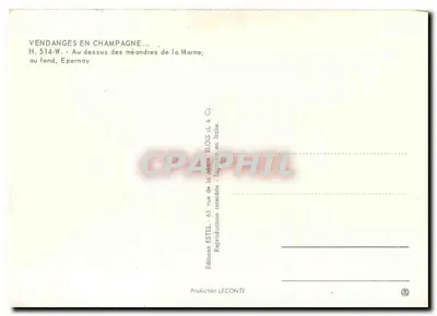 Zbieranie winogron w Champagne — Nad meandrami rzeki Marne, w tle, Epernay — Wydawca Estel — Rewers