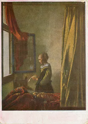 Mulher lendo — interior — Vermeer van Delft, série 176, editor: Amtl. Ausgabe des Ministeriums f. Volksbildung, Dresden