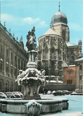 Passau - Residenzplatz — Fonte e catedral sob a neve — editor Josel Brand, série 1531