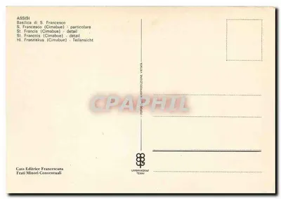 Assisi — Bazylika Świętego Franciszka — szczegół ikony Świętego Franciszka autorstwa Cimabue — wydawca Casa Editrice Francescana Frati Minori Conventuali — Rewers