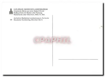 Anbetedende Maria aus einer Geburt Christi — Nußbaumholz mit Resten alter Fassung, Niederlande oder Oberrhein, Mitte 15. Jhdt. — Deutscher Kunstverlag, München Berlin, n° 56 — Rewers
