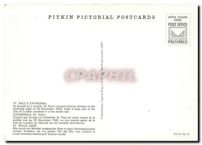 Katedra Świętego Pawła — Londyn — Pitkin Pictorial Postcards PA10/78/10 — Rewers