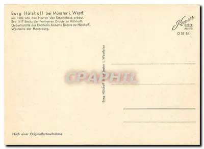 Burg Hülshoff przy Münster w Westfalen — zamek nad wodą z łabędziami — wydawca Knapohl, nr O 55 EK — Rewers