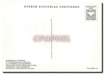 Estátua de São Tomás de Beckêt — Catedral de Canterbury — Pitkin Pictorial Postcards — Verso