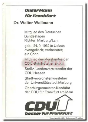 Dr. Walter Wallmann — candidato CDU para Frankfurt — editor CDU Kreisverband Frankfurt — Verso