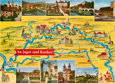 An Jagst und Kocher — Carta postal ilustrada com mapa e fotos de locais — Mets Ansichtskarten