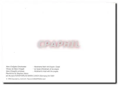 Witraże Marcina Chagalla — Obiad Abrahama i aniole — ars liturgica KUNSTVERLAG MARIA LAACH (Niemcy) Nr. 5301 — Rewers