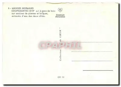 Normandzki dworek — Coupesarte (XVII wiek) — piony drewniane na fundamentach z kamienia i cegły, otoczony wodą z dwóch stron — AS — Rewers