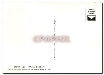 Stonehenge — Zimowy Równonoc — Wydawca: Antony Miles Ltd., Salisbury, Anglia — Rewers