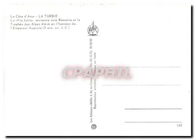 La Côte d'Azur - LA TURBIE — « Via Julia », starożytna droga rzymska i Trofeum Alp, wyznaczone w cześć cesarza Augusta (5 lat p.n.e.) — Wydawnictwo « MAR » — Rewers