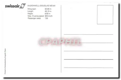 Avião Swissair McDonnell-Douglas MD-81 — montanhas nevadas — Swissair Press — Verso
