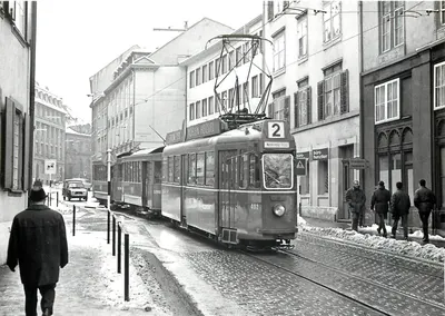 Tramwaj n°2 w Lausannie — ulica Elisabeth, zima — Foto J.L. Rochaix, seria 1200-1222