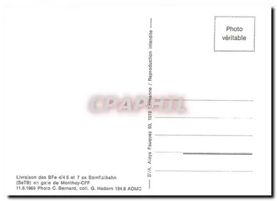 Entrega dos BFe 4/4 5 e 7 ex Sernftalbahn — (SeTB) na estação de Monthey-CFF — Foto C. Bernard, coleção G. Hadorn 184.8 AOMC — Verso