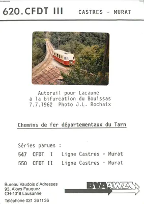 Castres - Murat — Autorail para Lacaune na bifurcação do Bouissas — Bureau Vaudois d'Adresses, série 620.CFDT III