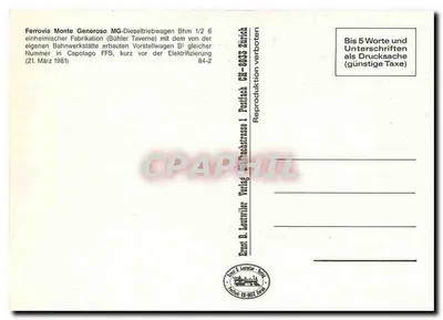 Monte Generoso — Trem a diesel B2 — editor Ernst B. Lattwiler, Zurique, n° 84-2 — Verso