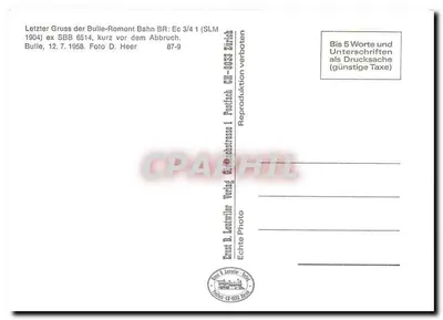 Bulle — Ostatni przekaz z linii Bulle-Romont BR Ec 3/4 1 (SLM) — Ernst B. Lenzwiler — Rewers