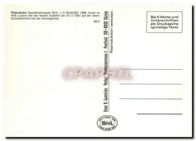Pilatusbahn — parowóz Bhm ½ 9 (SLM/SIG 1889, dziś w VHS Luzern) — Ernst B. Leutwiler Verlag — Rewers