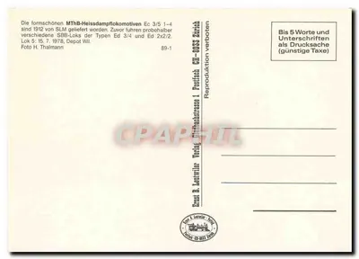 MTh.B 3 — locomotiva a vapor — Ernst B. Leuwiier, Zurique, n° 89-1 — Verso