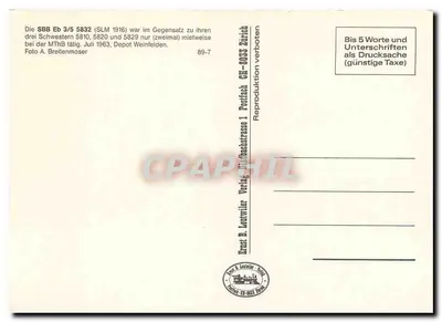 Dampflokomotive SBB Eb 3/5 5832 — SLM 1916 — Ernst B. Lenzwiler Verlag — Rückseite
