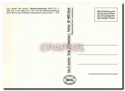 Trens na estação de Acquarossa — última circulação das ABDe 2/4 e ABBe 4/4 — editor Ernst B. Lentwiler, Zurique — Verso