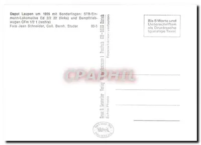 Depósito Laupen — locomotiva STB-Einmann Ed 2/2 22 (esquerda) e vagão a vapor CFm 1/2 1 (direita) — Ernst B. Lenwiler Verlag, n° 93-5 — Verso