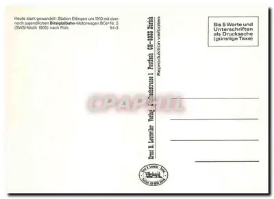 Bahnhoferestaurant Ettingen — Estação Ettingen com trem Birsigtal BCe 4 — Ernst & Loutwiler, Zurique — Verso
