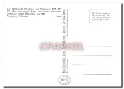 Trem elétrico PTT BTB 2 — Basel, Heuwaage — Editor Ernst & Lauwilen, n° 94-4 — Verso