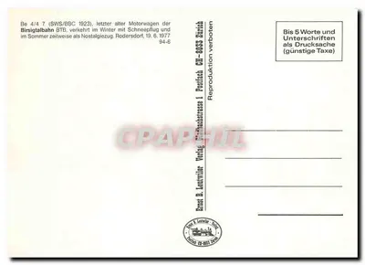 Tramway de Birsig — último vagão motorizado da Birsigtalbahn BTB — editor Ernst B. Leutwiler, n° 94-6 — Verso