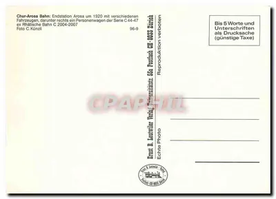Arosa — stacja kolejowa i jezioro — wydawca Ernst B. Leutwiler, nr 96-9 — Rewers
