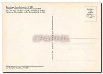 Schnellzug-Dampflokomotive 01 1100 — Einheitslok der Deutschen Reichsbahn-Gesellschaft — Verlag HOLZ, N. 6730 Neustadt/Weinstadt — Back
