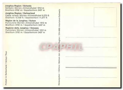 Região da Jungfrau / Suíça — Cabo Mürren–Allmendhubel — editor Schaer Thun — Verso