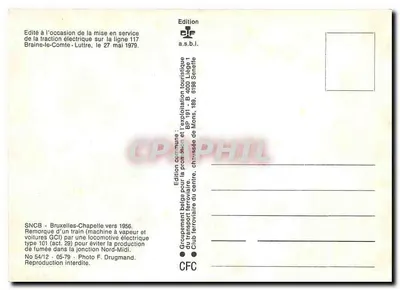 Trem elétrico na linha Braine-le-Comte - Liège — edição CFC a.s.b.l. para a promoção do transporte ferroviário, 1979 — Verso