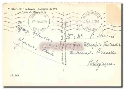 Chamonix (Alto-Savoie) - A Aiguilha do Dru e o hotel do Montenvers — Les Éditions d'Art, Paris, n° I.B. 766 — Verso