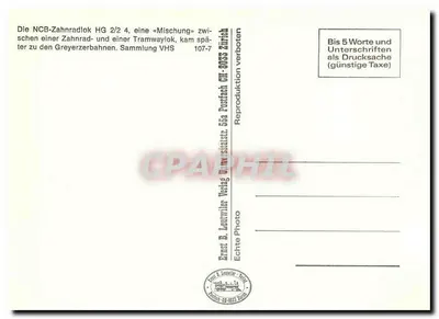 Locomotiva a cremalheira NCB HG 2/2 4 — 'mistura' entre uma locomotiva a cremalheira e um trêmio — editor Ernst B. Lentwiler, n° 107-7 — Verso