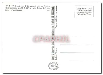 Tramway em Brütteilen — BTI Be 4/4 8 e B 39 — editor Leutwiler Verlag, n° 106-1 — Verso