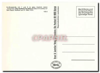 Trams BTI 4/4 6, 7 e 8 — Ex-Birsig Tal — Editor Ernst B. Leuweiler, Zurique, n° 106-3 — Verso