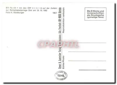 BTI Fe 4/4 1 z OR³ + 5 + 6 przy wejściu do stacji Biel — Foto H. Waldburger — Wydawca Ernst & Leuwielen, Zurych, nr 106.7 — Rewers