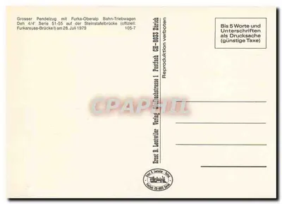 Pociąg wahadłowy z lokomotywami Furka-Oberalp na mostowisku Steinstafel z 28 lipca 1979 — Wydawca Ernst B. Lentwiler, nr 105-7 — Rewers