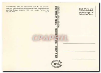 Trem na Furka-Oberalp-Bahn — entre Rufi e primeiro túnel, 28 de julho de 1979 — Ernst B. Lentwiler, Zurique — Verso