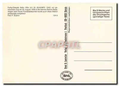 Elektryczny pociąg HGe 4/4 34 (SLM/MFO 1940) — Furka-Oberalp Bahn — stacja Reialp — wydawca Ernst & Lautwiler, Zurych, nr 104-6 — Rewers