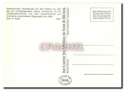 Brünig — Alto movimento de verão com locomotiva JS HG 2/2 e vagões de 3 eixos (cerca de 1900) — Ernst B. Lontwiler Verlag, Zurique — Verso