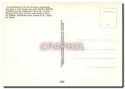 O viaduto curvo e o antigo moinho de Méailles — Caminhos de Ferro da Provença — Edições J. Chaussard, 06240 Beausoleil — Verso
