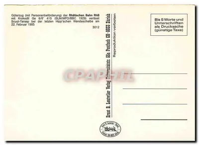 Trem da Rhätische Bahn — Trem de carga com transporte de passageiros — editor Ernst & Leutwiler, n° 3012 — Verso