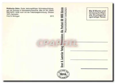 Rhätische Bahn — primeiro veículo a corrente alternada na Suíça — Ernst B. Leutwiler Verlag — Verso