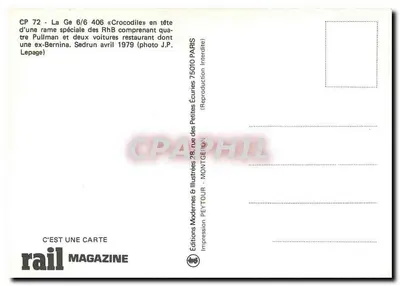 Pociąg w górach — Sedrun, kwiecień 1979 — Wydawnictwo Modernes & Illustrées — Rewers