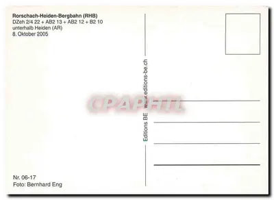 Rorschach-Heiden-Bergbahn (RHB) — DZeh 2/4 22 + AB2 13 + AB2 12 + B2 10 — sob Heiden (AR) — Editions BE — Verso