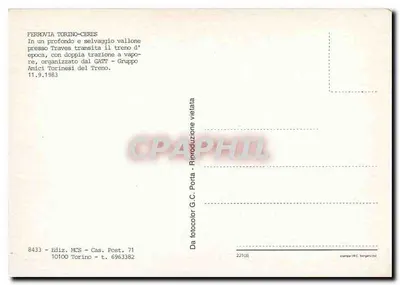 Tren de vapor en una valle profundo — Ferrovia Torino-Ceres — edición MCS, n° 8433 — Reverso