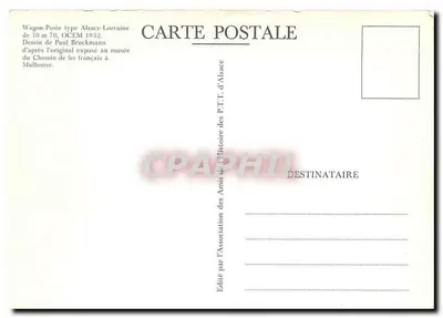 Wagon-poste tipo Alsace-Lorraine — desenho de Paul Bruckmann — editado pela Associação dos Amigos da História das P.T.T. de Alsace — Verso
